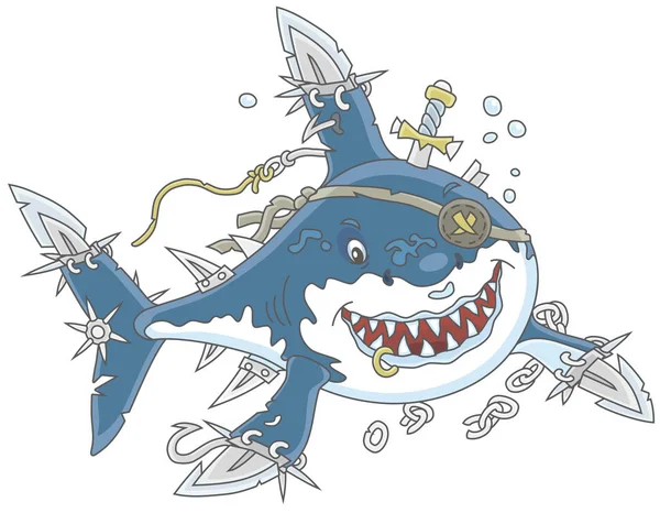 フィン サーベル攻撃 ベクトル イラスト漫画のスタイルと偉大な白いサメの海賊を欺いて笑顔 — ストックベクタ