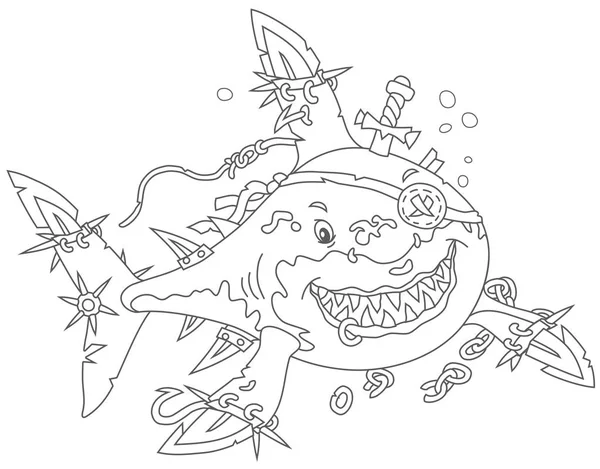 フィン サーベル攻撃 黒と白のベクトル イラスト塗り絵の漫画のスタイルと偉大な白いサメの海賊を欺いて笑顔 — ストックベクタ