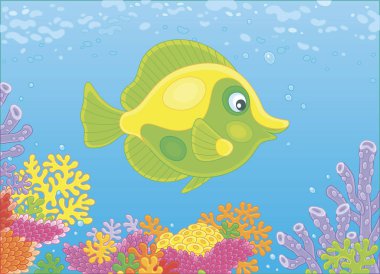 Tropikal bir denizde bir resif üzerinde renkli mercanlar üzerinde mavi suda yüzen bir sarı ve yeşil kelebek balık vektör çizim