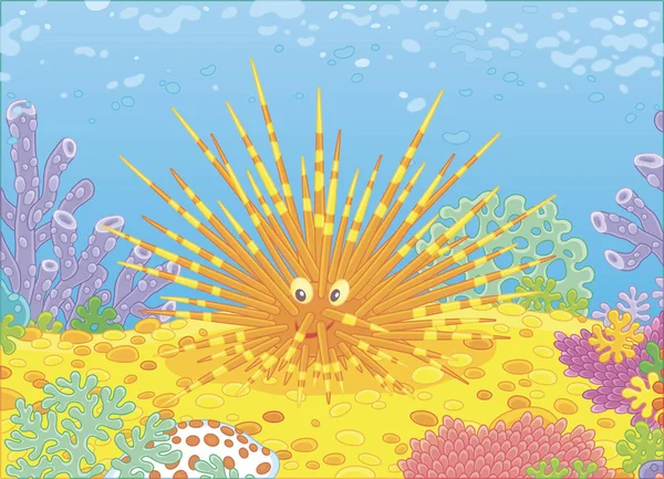 Komik uzun-omurga deniz kestanesi arasında tropikal bir denizde, vektör çizim karikatür tarzı bir resif üzerinde renkli mercan