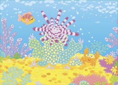 Çizgili uzun-omurga deniz kestanesi, komik bir küçük yengeç ve mercan kayalık tropikal bir denizde, vektör çizim karikatür tarzı üzerinde arasında renkli balık