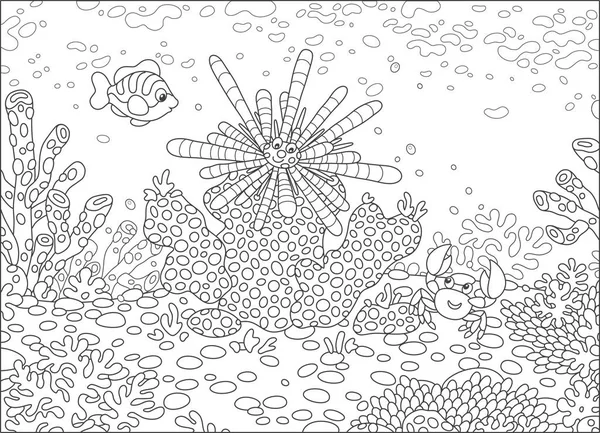ストライプのウニ 面白いカニや小魚塗り絵の漫画のスタイルで熱帯の海 黒と白のベクトル図にサンゴ礁のサンゴの間で — ストックベクタ