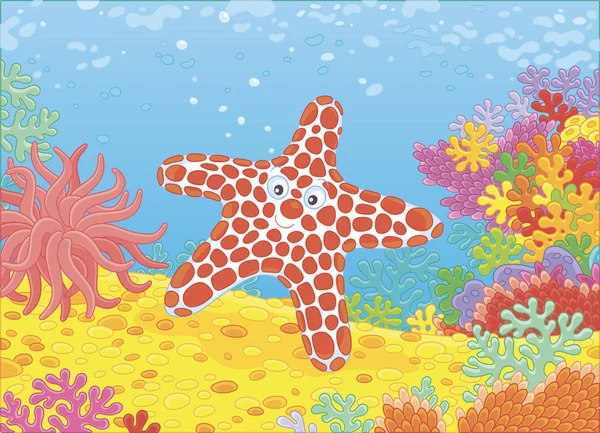 Renkli mercan kayalık tropikal bir denizde, vektör çizim karikatür tarzı üzerinde arasında komik deniz yıldızı