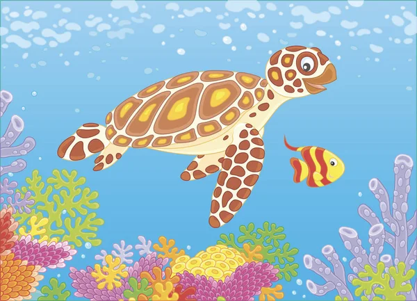 Funny Sea Loggerhead Turtle Small Striped Butterfly Fish Swimming Colorful — Stock Vector