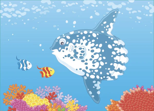 大きな魚月と熱帯の海 漫画スタイルのベクトル図の青い水のサンゴ礁のサンゴの上に泳いで小魚蝶 — ストックベクタ