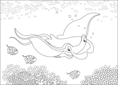 Büyük manta ray ve küçük kelebek Yüzme mercan tropikal bir denizde, siyah ve beyaz vektör çizim karikatür tarzı bir boyama kitabı için balıklar