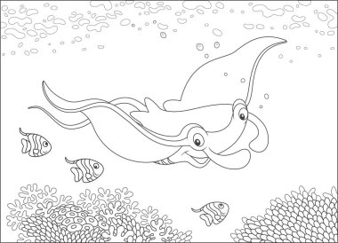 Big manta ray and small butterfly fishes swimming over coral reef in a tropical sea, black and white vector illustration in a cartoon style for a coloring book clipart