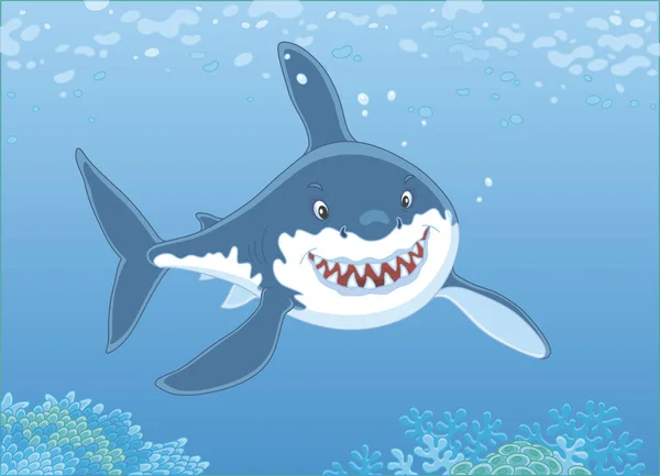 Büyük Beyaz Köpekbalığı Bir Mercan Kayalığı Vektör Çizim Karikatür Tarzı — Stok Vektör