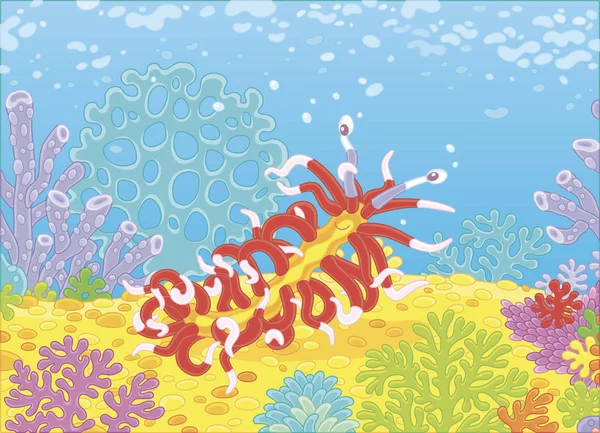 面白い海モンスター軟体動物千足漫画スタイルのベクトル図 熱帯の海のサンゴ礁に色鮮やかなサンゴの中で忍び寄る — ストックベクタ
