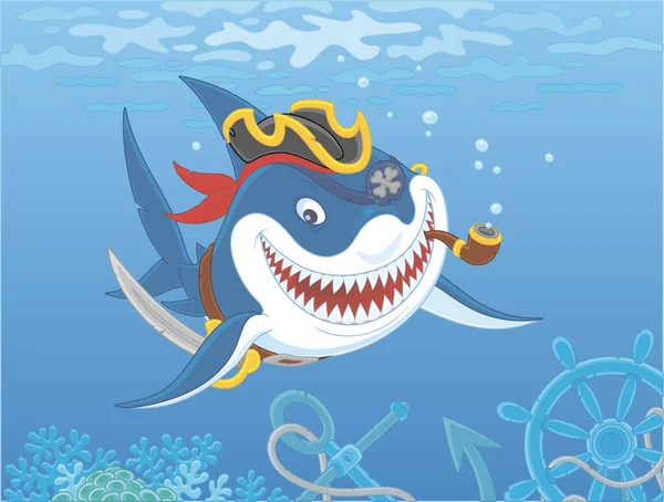Ogromnie Uśmiechnięty Wielki Biały Rekin Pirat Fajką Szablą Kapeluszem Niebieskiej — Wektor stockowy