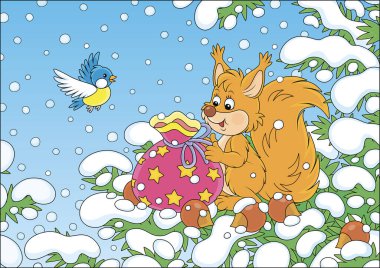 Dost canlısı kırmızı sincap, güzel bir çanta dolusu Noel hediyesi ve fındık ile karlı bir günde, bir kış ormanında, yeşil bir köknar dalında, vektör karikatür çiziminde