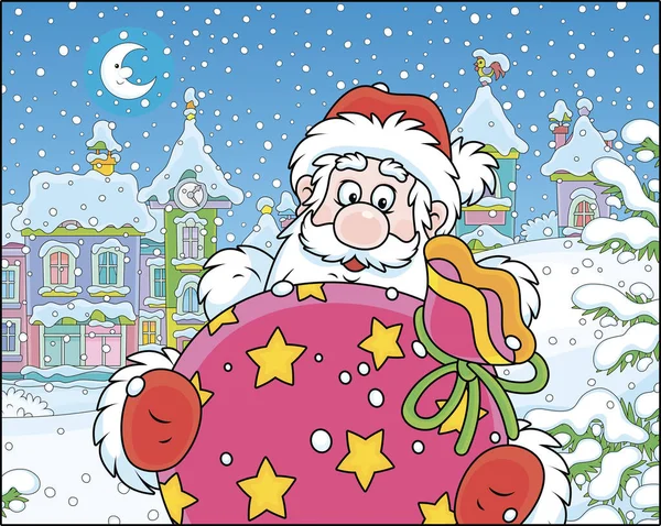 圣诞节前夕的一个雪夜 圣诞老人带着他的礼品袋在一个小镇的街道上 用卡通风格的矢量图解 — 图库矢量图片