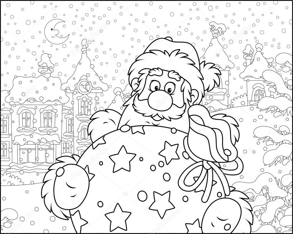 Santa Claus with his gift bag on the street of a small town on the snowy night before Christmas, black and white vector illustration in a cartoon style for a coloring book