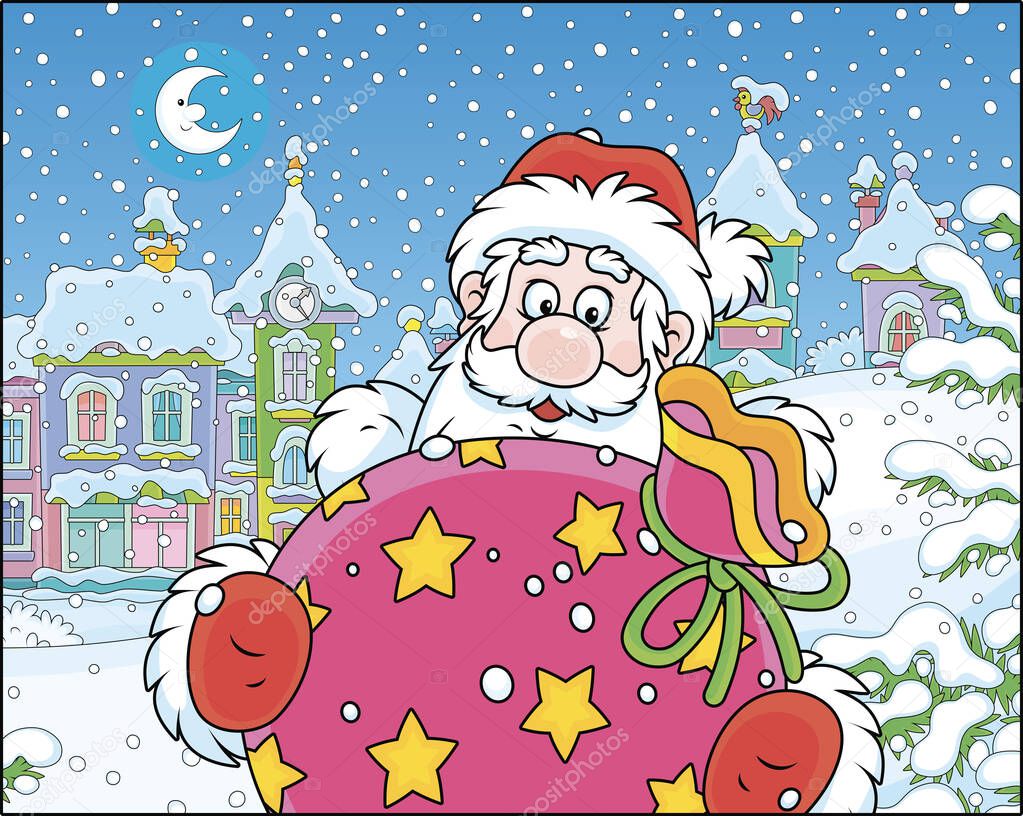 Santa Claus with his gift bag on the street of a small town on the snowy night before Christmas, vector illustration in a cartoon style