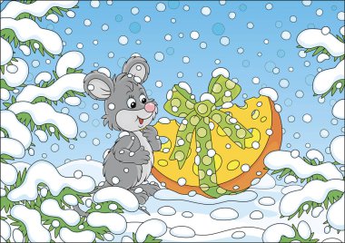 Karlı bir günde, karlı bir ormanda, karla kaplı yeşil köknar dallarının altında Noel hediyesi peyniri olan küçük gri fare, vektör karikatür çizimi.