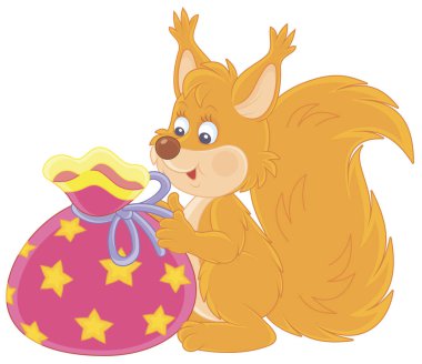 Joyful and friendly smiling red squirrel holding a beautiful bag with a holiday gift, vector cartoon illustration clipart