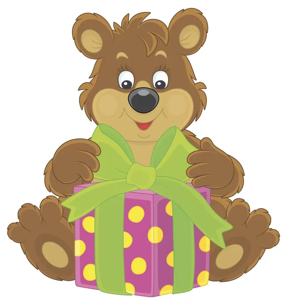 快乐而友善的小棕熊 还有一个漂亮的盒子 盒子里有节日礼物 病媒卡通画 — 图库矢量图片