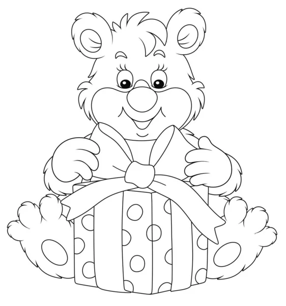 快乐而友善的小熊宝宝 一个带着节日礼物的漂亮盒子 一本彩色书籍的黑白矢量卡通画 — 图库矢量图片