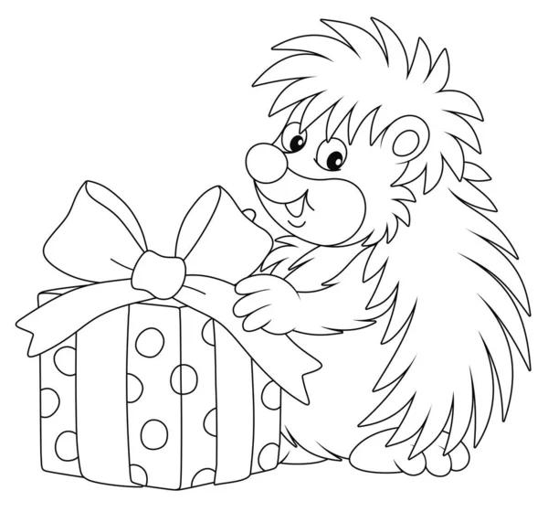Joyful Friendly Smiling Little Hedgehog Holding Beautiful Box Holiday Gift — Stock Vector
