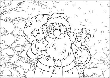 Santa Claus with his bag of Christmas gifts among snow-covered fir branches of a winter forest on the cold snowy day, black and white vector illustration in a cartoon style clipart