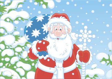 Noel Baba, soğuk karlı bir günde, kar kaplı bir ormanın köknar dalları arasında Noel hediyeleriyle dolu çantasıyla, çizgi film tarzında vektör illüstrasyonuyla