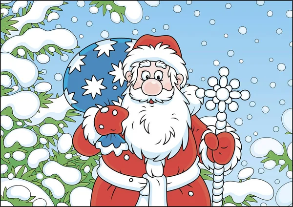 在寒冷的雪天 圣诞老人和他的圣诞礼物袋夹在雪地覆盖的冷杉树枝中 用卡通画的方式来说明 — 图库矢量图片