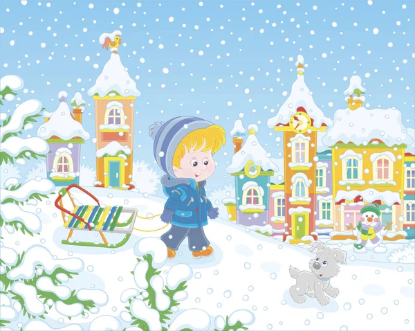 在一个美丽的雪天 一个小镇的冬季公园里 小男孩带着他那只快乐的小狗和雪橇在雪地的操场上散步 雪地滑行着 — 图库矢量图片