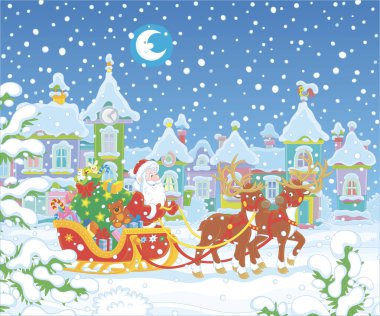 Noel Baba, Noel 'den önceki karlı bir gecede, karla kaplı bir kasabada sihirli ren geyikleriyle süslü kızağında bir çanta dolusu Noel hediyesiyle, vektör karikatür çizimi...