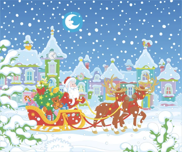 圣诞节前夕的一个白雪覆盖的小镇 圣诞老公公的雪橇上挂着一大袋节日礼物 上面还装饰着神奇的驯鹿 — 图库矢量图片