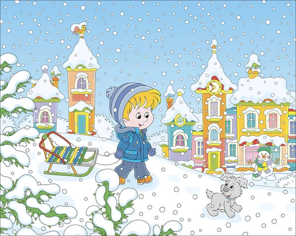 雪に覆われた遊び場で雪に覆われた遊び場で雪の日に小さな町の冬の公園で雪のスライド ベクトル漫画のイラスト — ストックベクタ