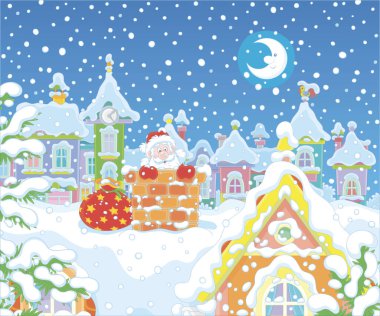 Noel 'den bir gece önce, Noel Baba karla kaplı bir çatıda bacadan dışarı bakıyor.