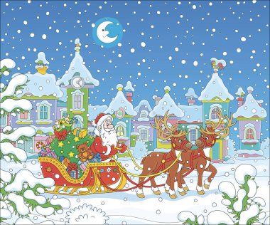 Noel Baba, Noel 'den önceki karlı bir gecede, karla kaplı bir kasabada sihirli ren geyikleriyle süslü kızağında bir çanta dolusu Noel hediyesiyle, vektör karikatür çizimi...