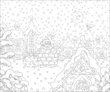 Noel 'den bir gece önce, Noel Baba hediye çantasıyla karla kaplı bir çatıdaki tuğladan dışarı bakıyor, boyama kitabı için siyah ve beyaz vektör karikatür çizimi.