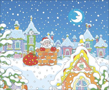 Noel Baba, karlı bir ay ışığında, karla kaplı bir evin karla kaplı bir çatısındaki tuğladan bacadan dışarı bakan hediyelerle Noel Baba, vektör karikatür çizimi.