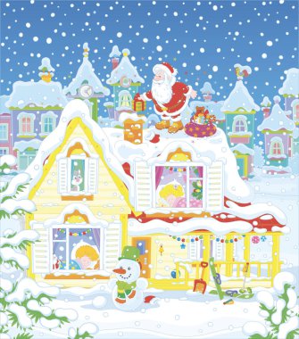 Noel Baba, Noel 'den önceki karlı bir gecede, karla kaplı bir evin çatısındaki bacanın yanında, uyuyan çocuklarla birlikte bir Noel Baba, vektör karikatür çizimi.