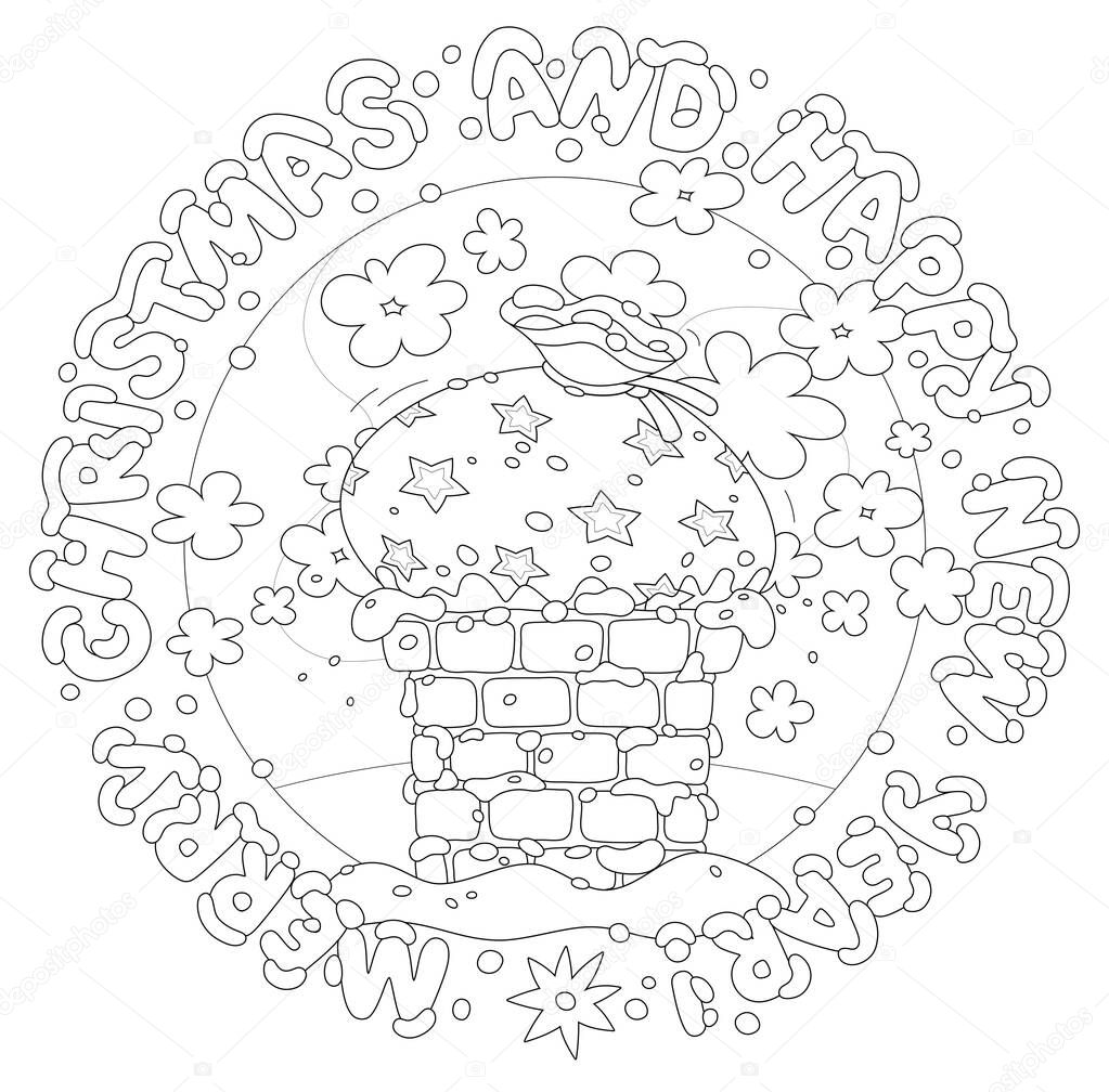 Joking greeting card with a big gift bag of Santa Claus in a smoking chimney on a snow-covered rooftop on the night before Christmas, black and white vector illustration