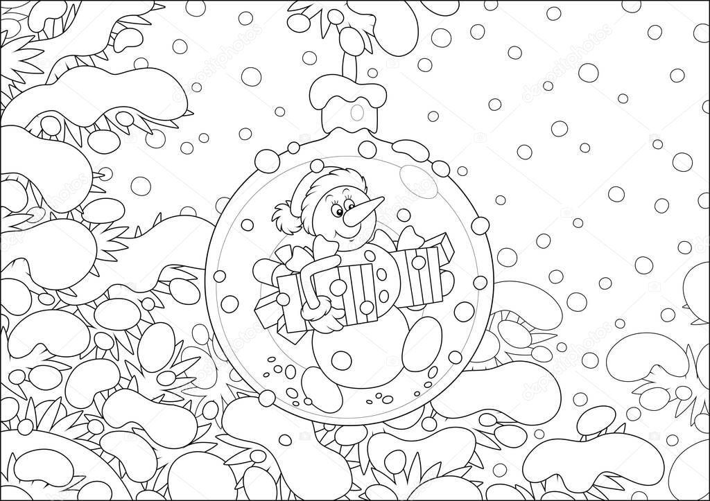 Christmas tree ball with a friendly smiling snowman and boxes of holiday gifts on a snow-covered branch of a fir on a snowy winter day, black and white vector cartoon illustration