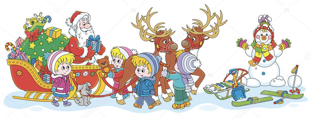Festively decorated sleigh with magic reindeers of Santa Claus giving Christmas presents to happy and merry small children, vector cartoon illustration