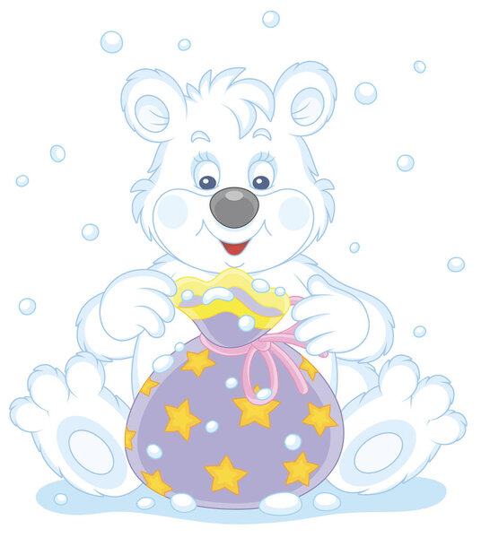 Joyful and friendly smiling little polar white bear and a beautiful bag with holiday gifts, vector cartoon illustration