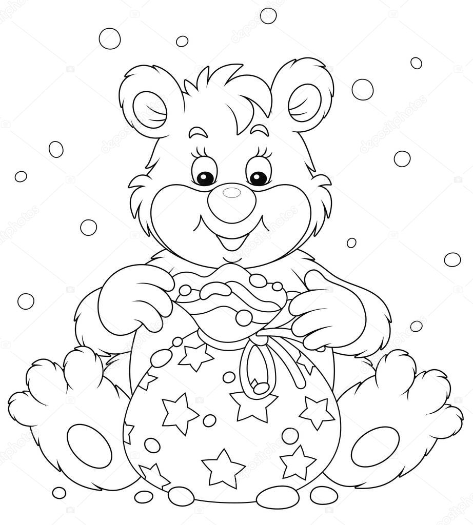 Joyful and friendly smiling little polar bear and a beautiful bag with holiday gifts, black and white outline vector cartoon illustration