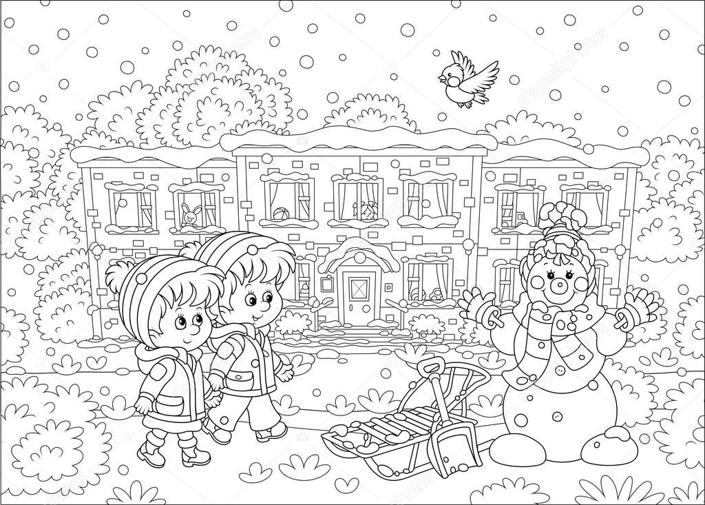 Smiling little kids going to their nursery school and looking at a funny snowman on a snow-covered playground of a winter park on a beautiful snowy day, black and white vector illustration