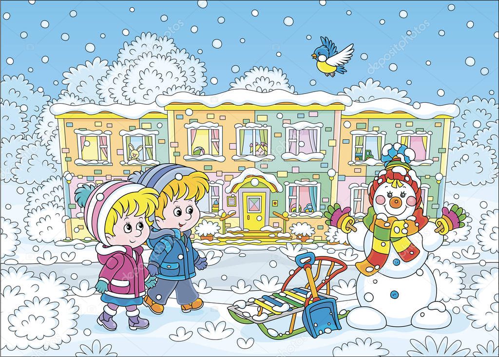 Smiling little kids going to their nursery school and looking at a funny snowman on a snow-covered playground of a winter park on a beautiful snowy day, vector cartoon illustration