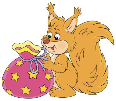 Joyful and friendly smiling red squirrel holding a beautiful bag with a holiday gift, vector cartoon illustration clipart