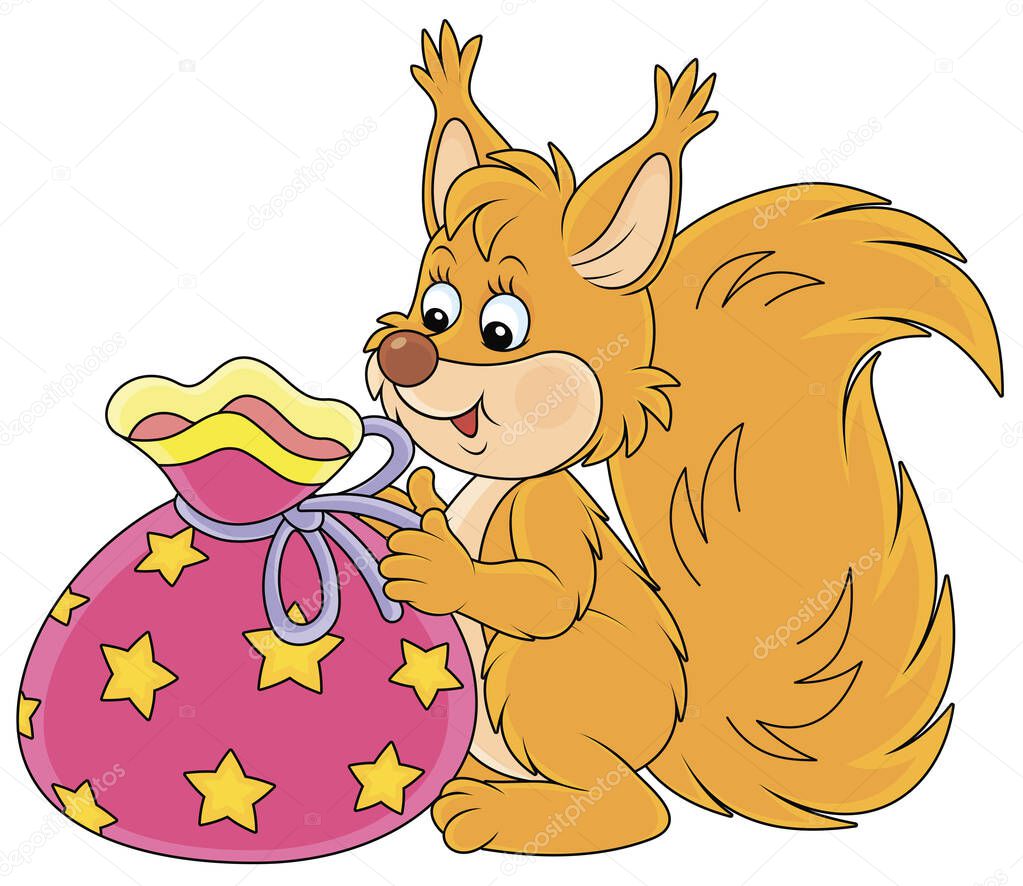Joyful and friendly smiling red squirrel holding a beautiful bag with a holiday gift, vector cartoon illustration
