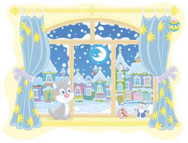 Küçük meraklı kedi yavrusu pencerenin kenarında oturmuş, parlak aya bakıyor buz gibi bir kış gecesinde, karla kaplı güzel bir kasabanın üzerinde, vektör karikatür çizimi