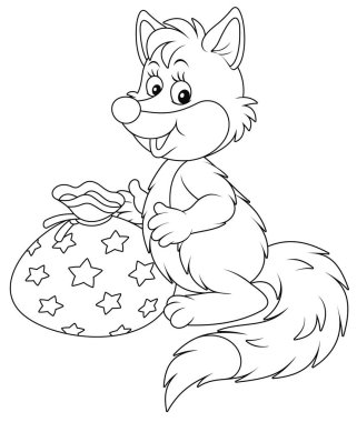 Cute fox holding a beautiful bag with a holiday gift, black and white outline vector cartoon illustration for a coloring book page clipart