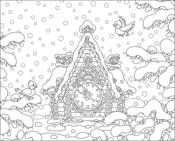 冬の森 黒と白のベクトル漫画のイラストを背景に雪で覆われたカラフルな装飾されたログハウスとクリスマスのおもちゃカッコウクロック — ストックベクタ