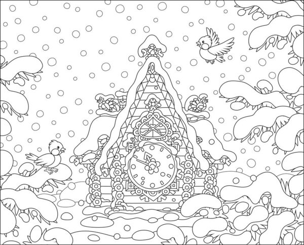 Christmas toy cuckoo-clock with a colorfully decorated log house covered with snow against a background of a winter forest, black and white vector cartoon illustration