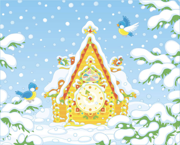 Christmas toy cuckoo-clock with a colorfully decorated log house covered with snow against a background of a winter forest, vector cartoon illustration
