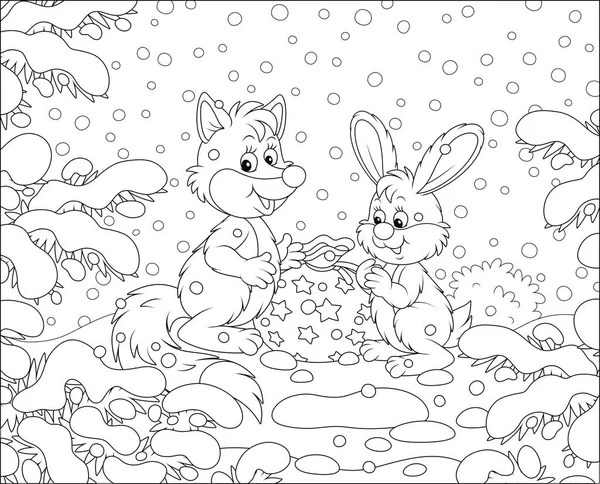美しい雪の日に冬の森の中で雪に覆われたモミの枝の下の休日のギフトバッグとフォックスとウサギ 黒と白のアウトラインベクトル漫画のイラスト — ストックベクタ